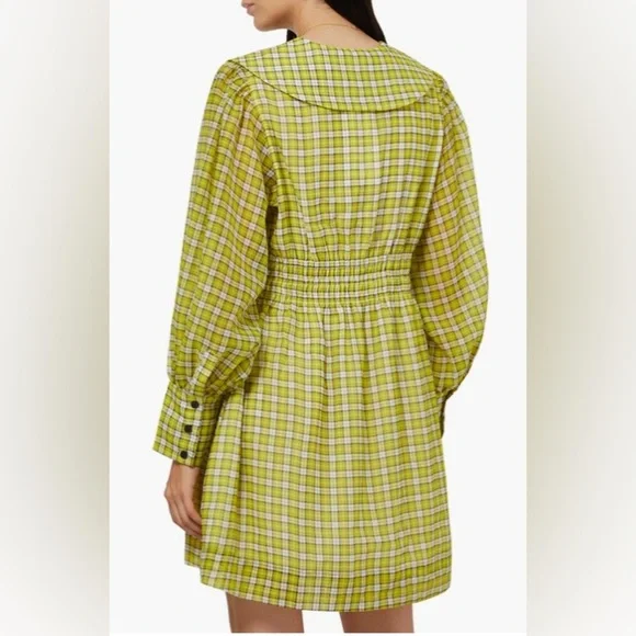 Ganni Yellow Green Point Collar Checked Long Sleeve Mini Dress Size 8 NWT - Picture 4 of 10